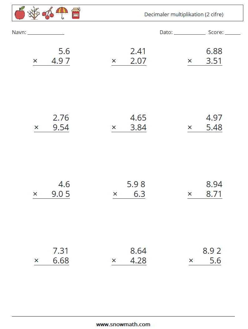 (12) Decimaler multiplikation (2 cifre) Matematiske regneark 4