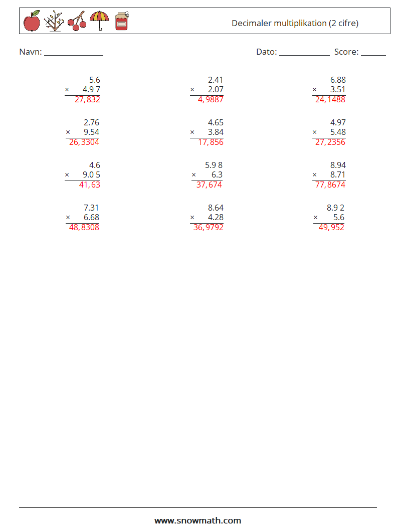 (12) Decimaler multiplikation (2 cifre) Matematiske regneark 4 Spørgsmål, svar