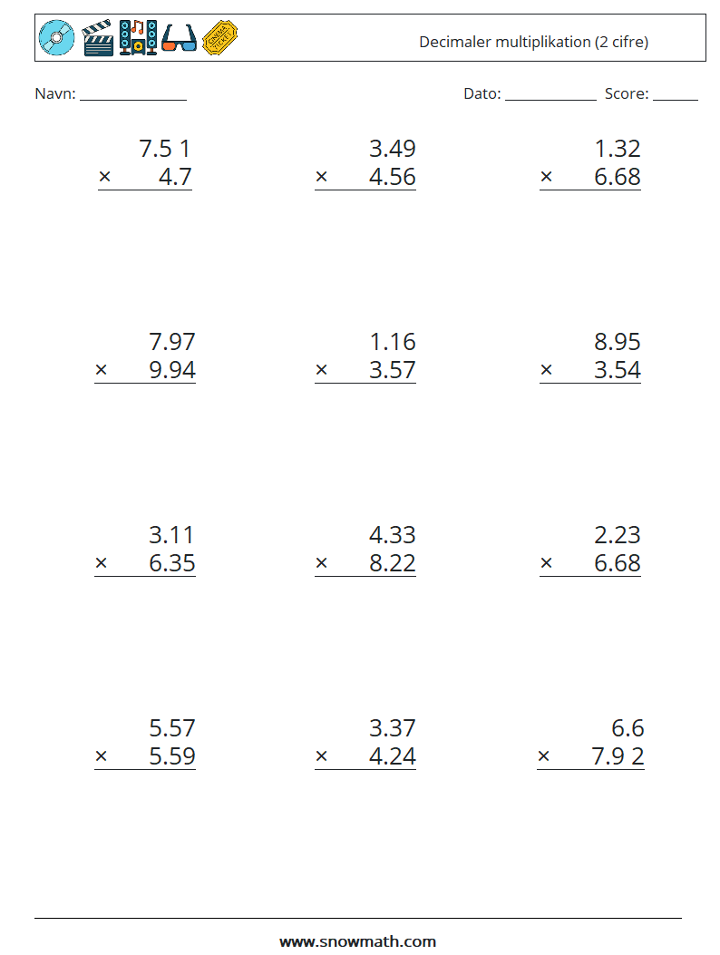 (12) Decimaler multiplikation (2 cifre) Matematiske regneark 5