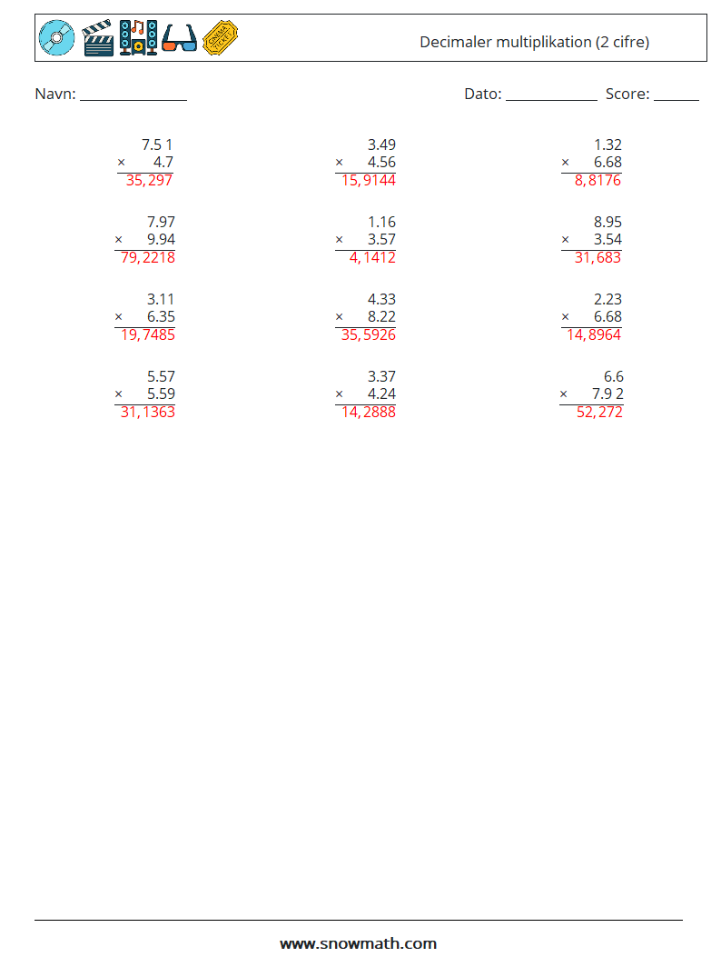 (12) Decimaler multiplikation (2 cifre) Matematiske regneark 5 Spørgsmål, svar