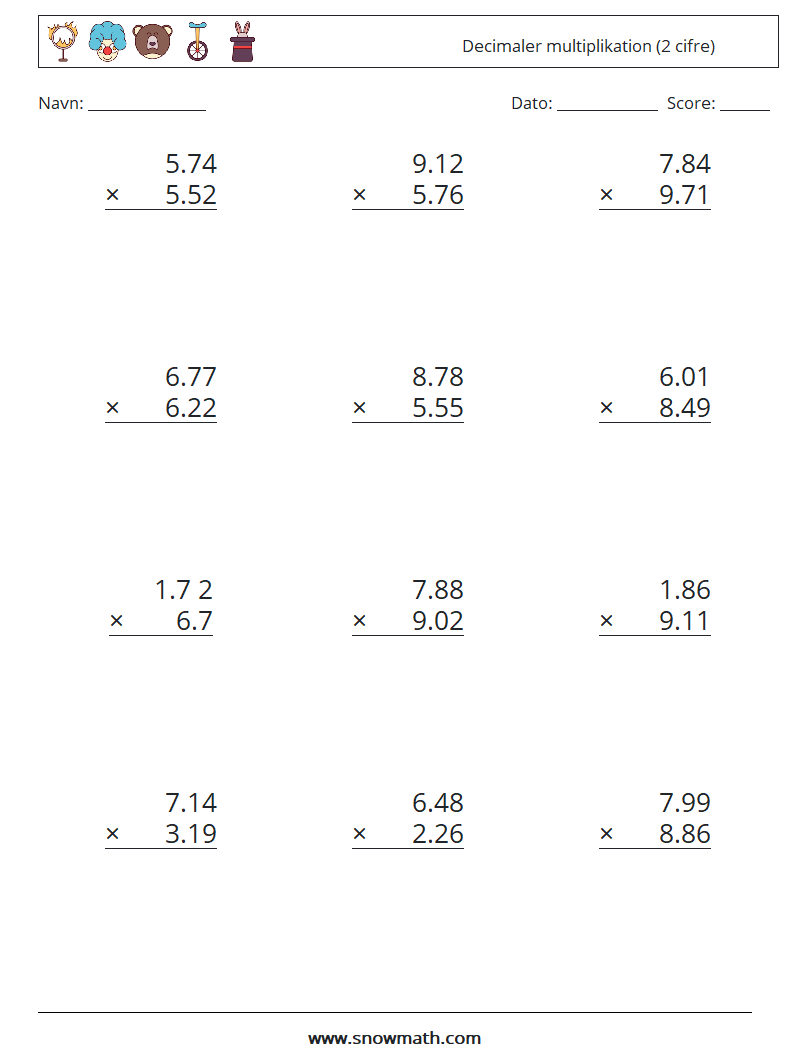 (12) Decimaler multiplikation (2 cifre) Matematiske regneark 6