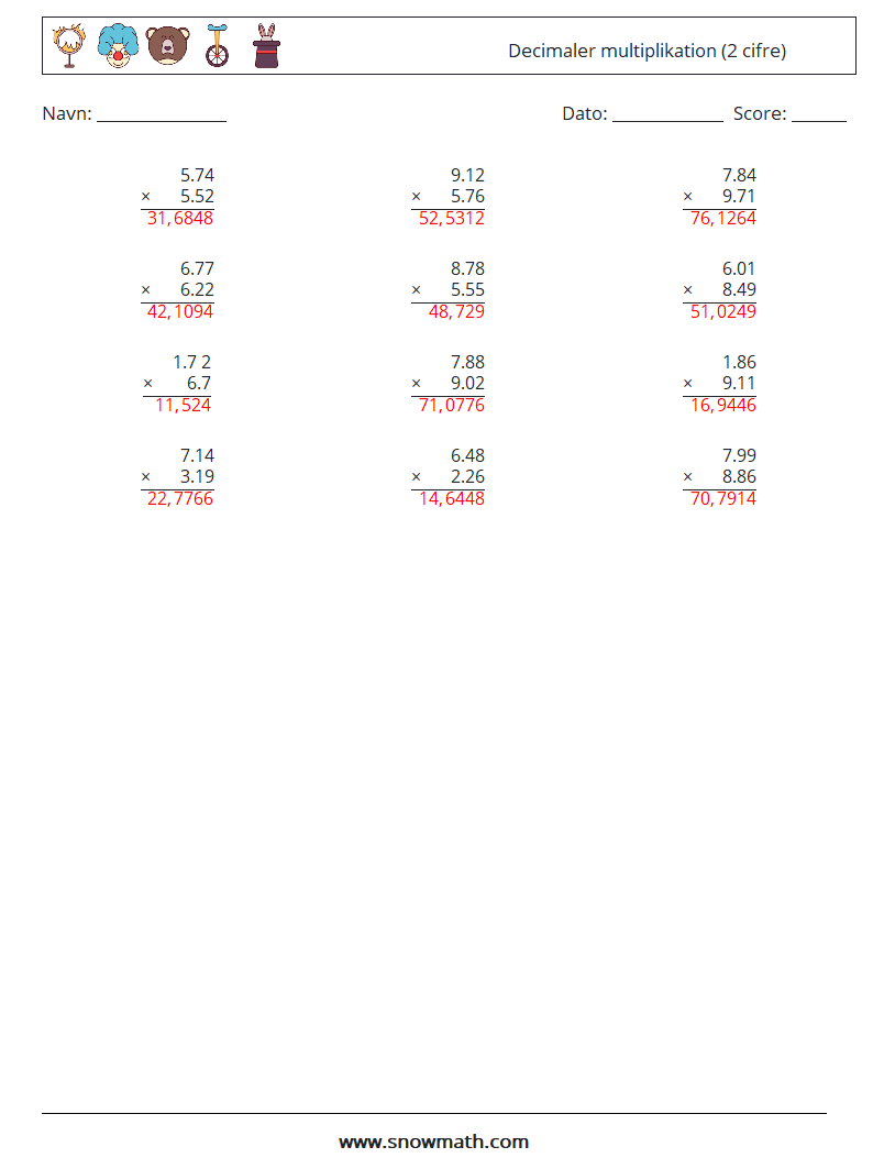 (12) Decimaler multiplikation (2 cifre) Matematiske regneark 6 Spørgsmål, svar