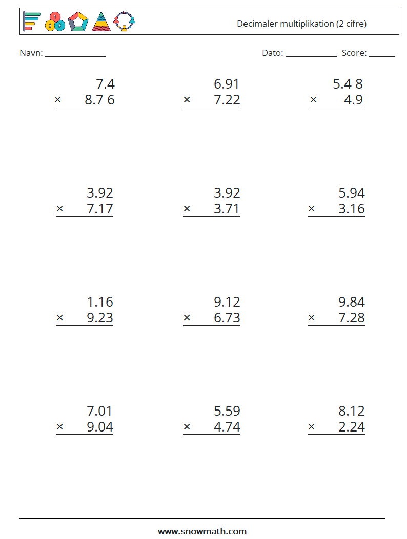 (12) Decimaler multiplikation (2 cifre) Matematiske regneark 7