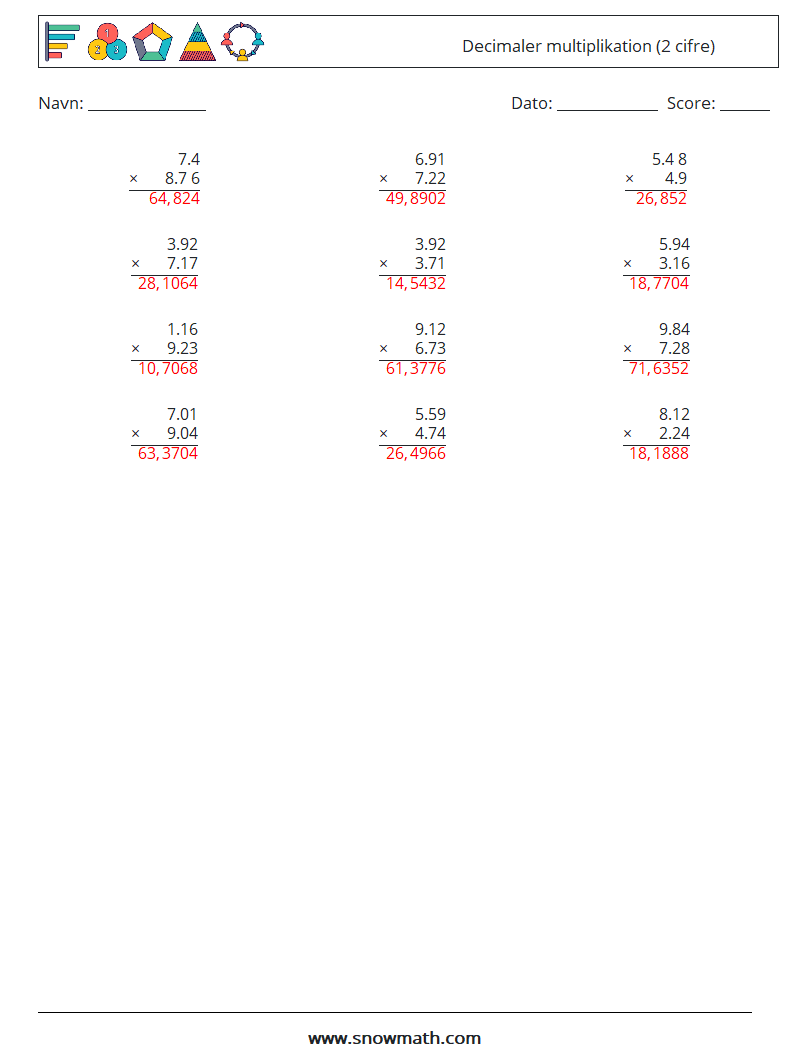 (12) Decimaler multiplikation (2 cifre) Matematiske regneark 7 Spørgsmål, svar