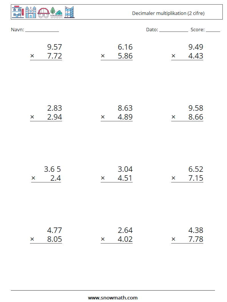 (12) Decimaler multiplikation (2 cifre) Matematiske regneark 8