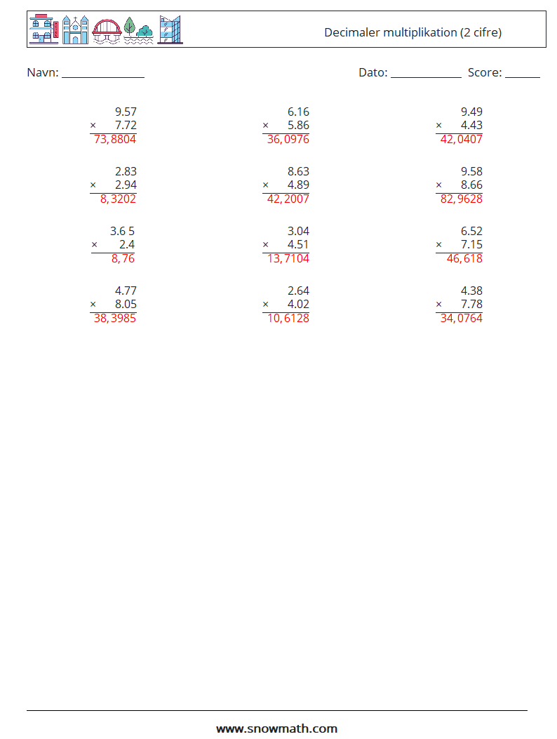 (12) Decimaler multiplikation (2 cifre) Matematiske regneark 8 Spørgsmål, svar