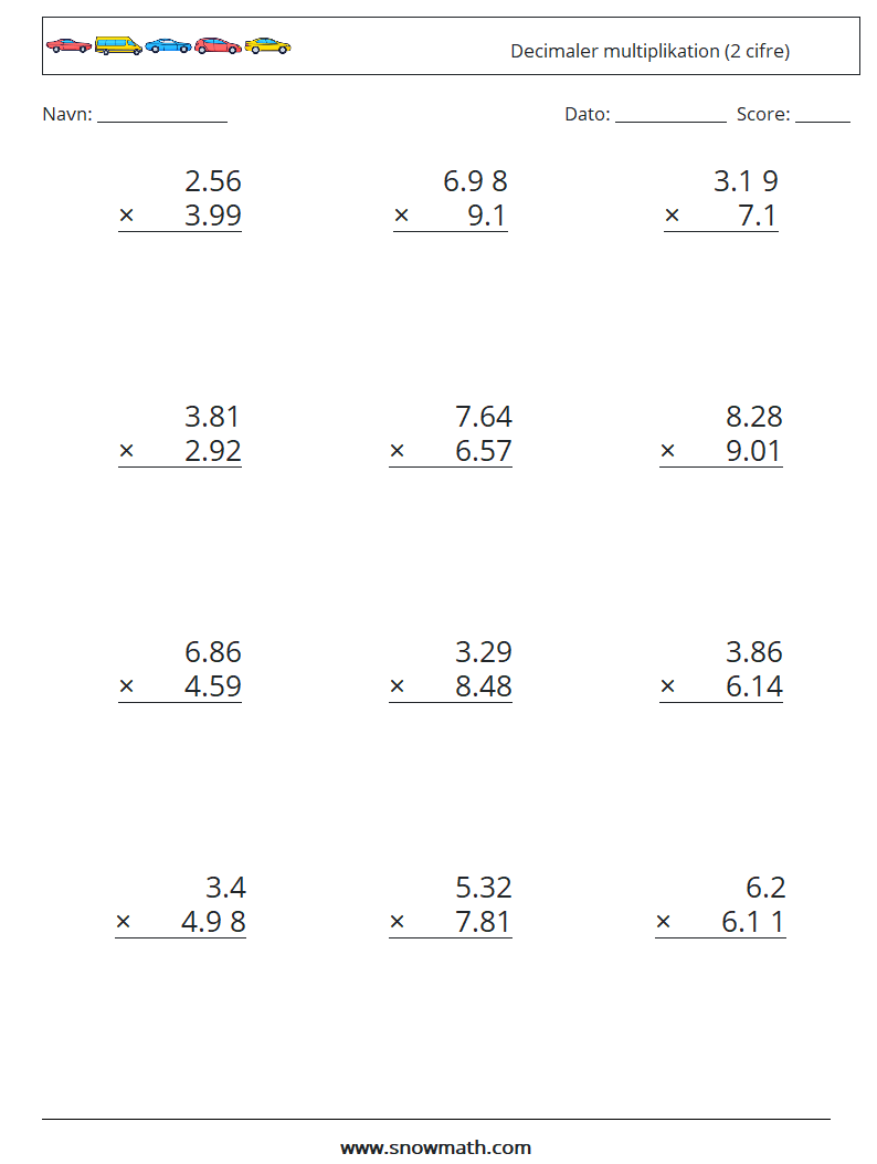 (12) Decimaler multiplikation (2 cifre) Matematiske regneark 9