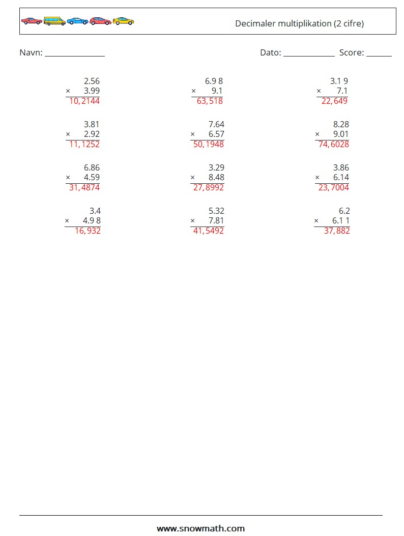 (12) Decimaler multiplikation (2 cifre) Matematiske regneark 9 Spørgsmål, svar