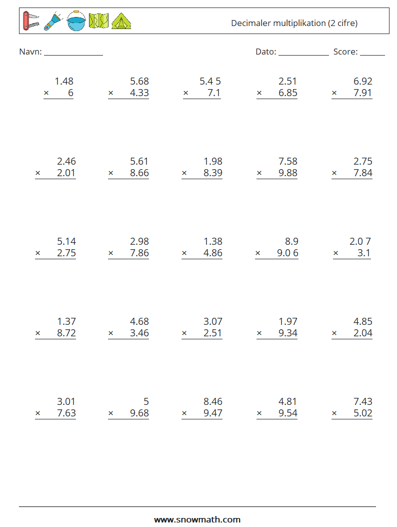 (25) Decimaler multiplikation (2 cifre) Matematiske regneark 1