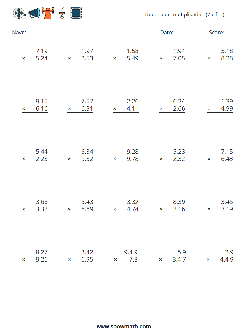 (25) Decimaler multiplikation (2 cifre) Matematiske regneark 2