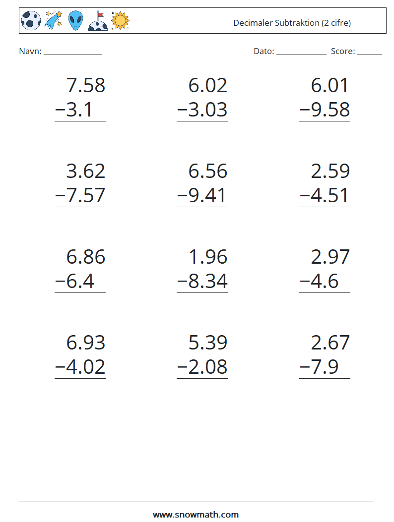 (12) Decimaler Subtraktion (2 cifre)