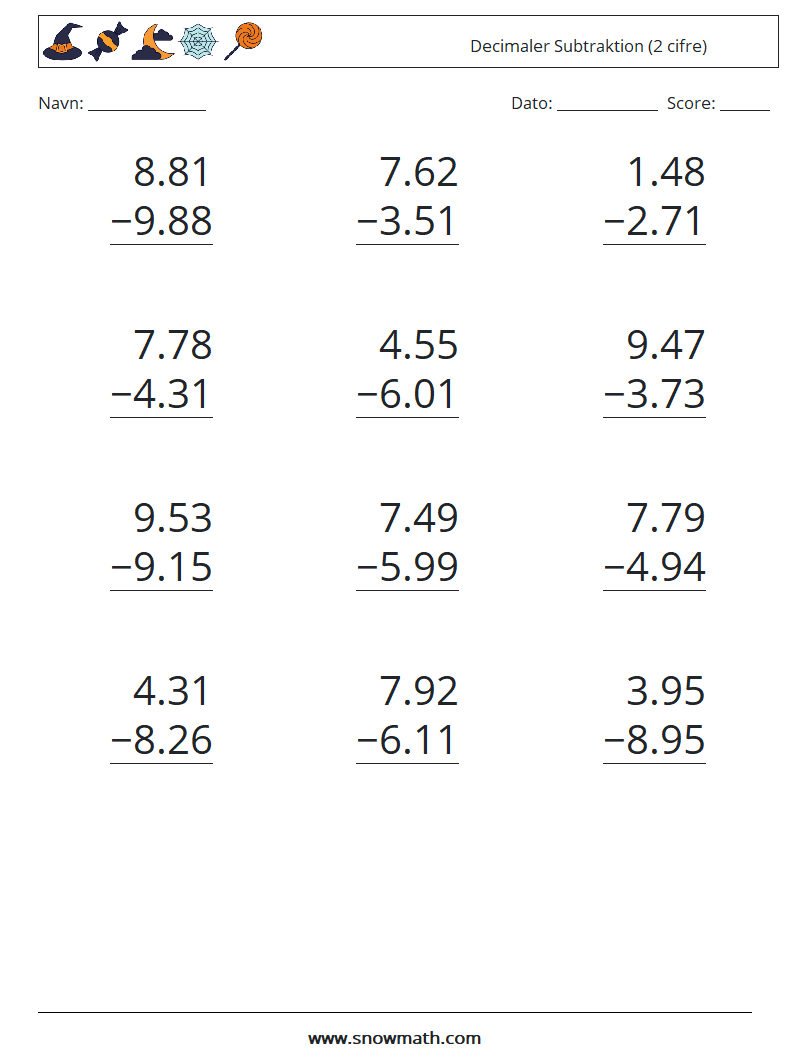 (12) Decimaler Subtraktion (2 cifre) Matematiske regneark 10