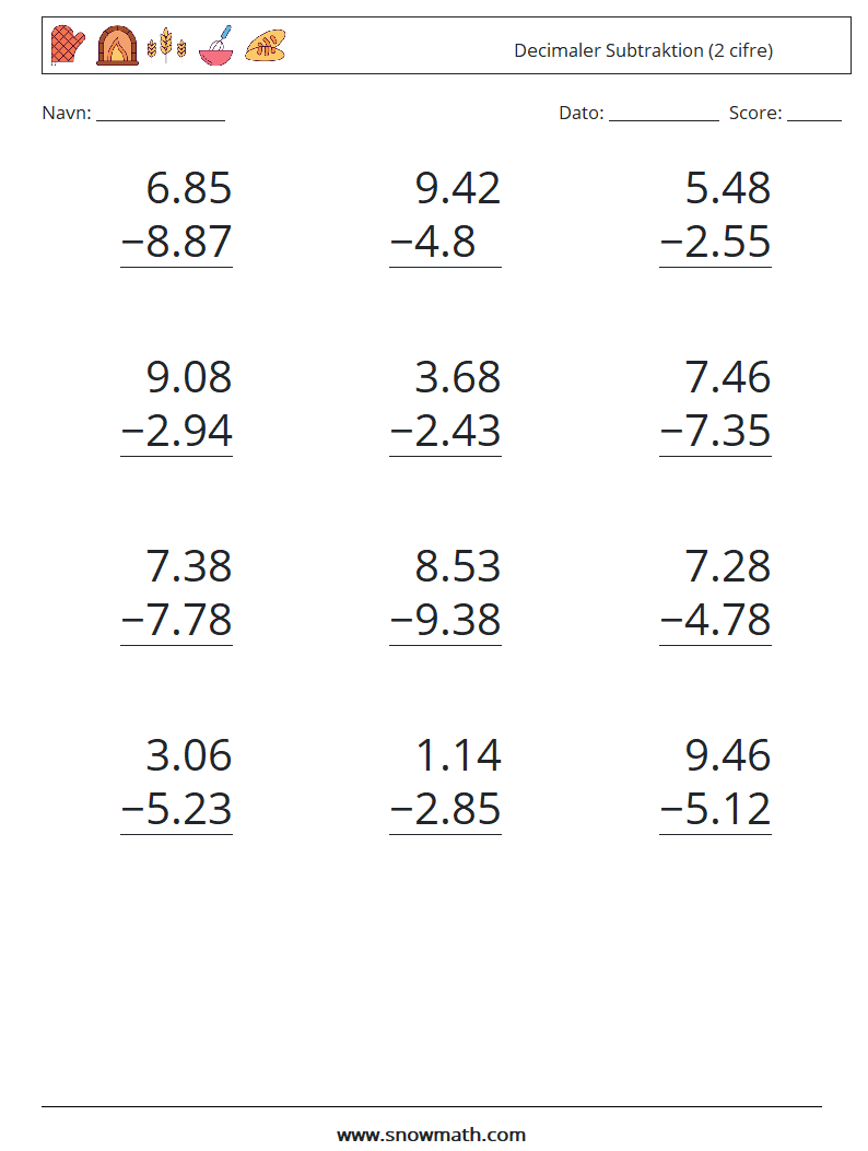 (12) Decimaler Subtraktion (2 cifre) Matematiske regneark 11