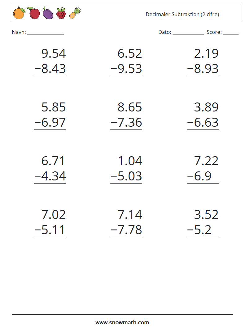 (12) Decimaler Subtraktion (2 cifre) Matematiske regneark 12