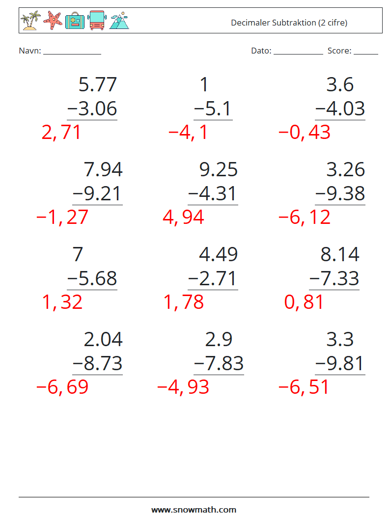 (12) Decimaler Subtraktion (2 cifre) Matematiske regneark 13 Spørgsmål, svar