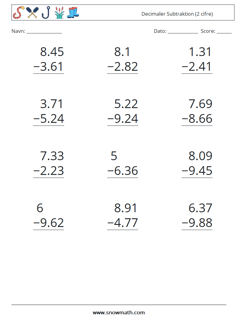 (12) Decimaler Subtraktion (2 cifre) Matematiske regneark 14