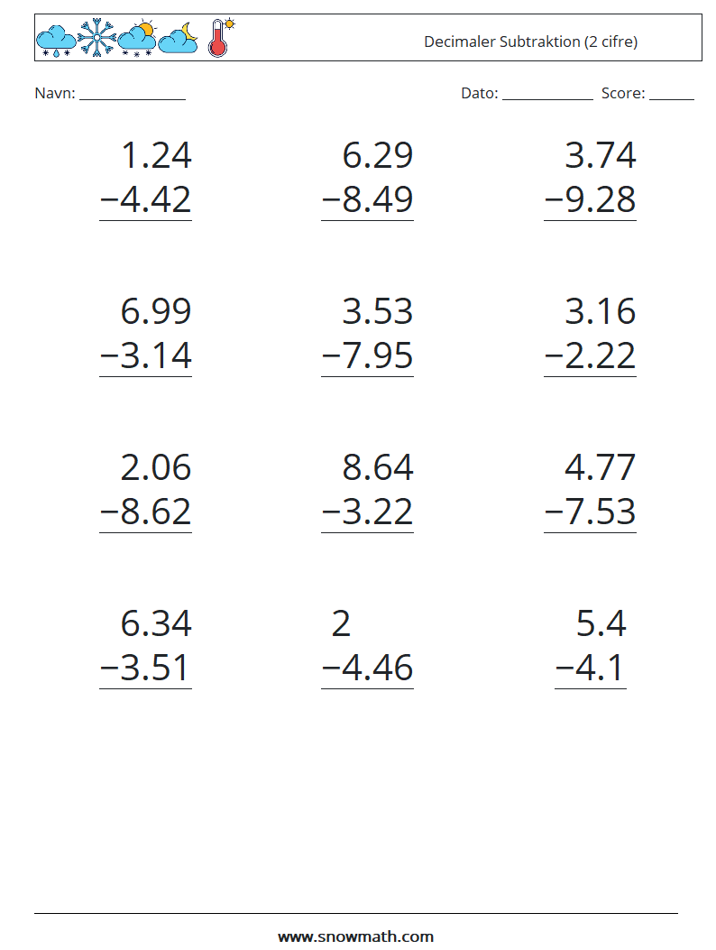 (12) Decimaler Subtraktion (2 cifre) Matematiske regneark 16