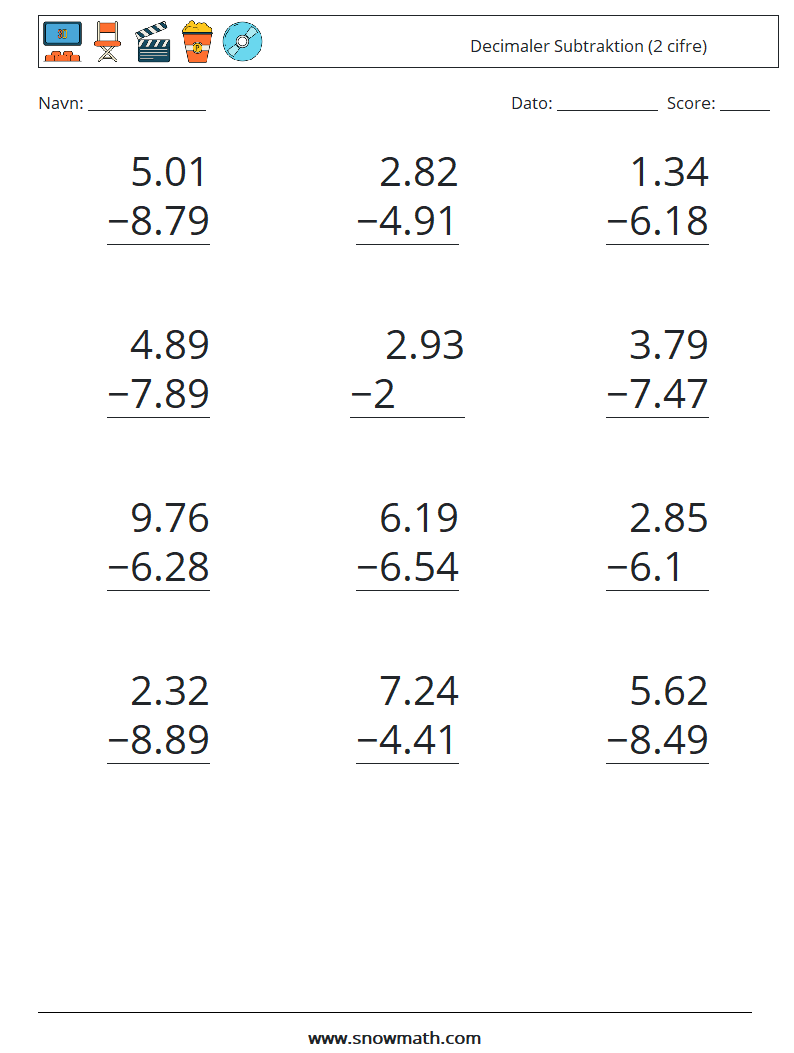 (12) Decimaler Subtraktion (2 cifre) Matematiske regneark 17