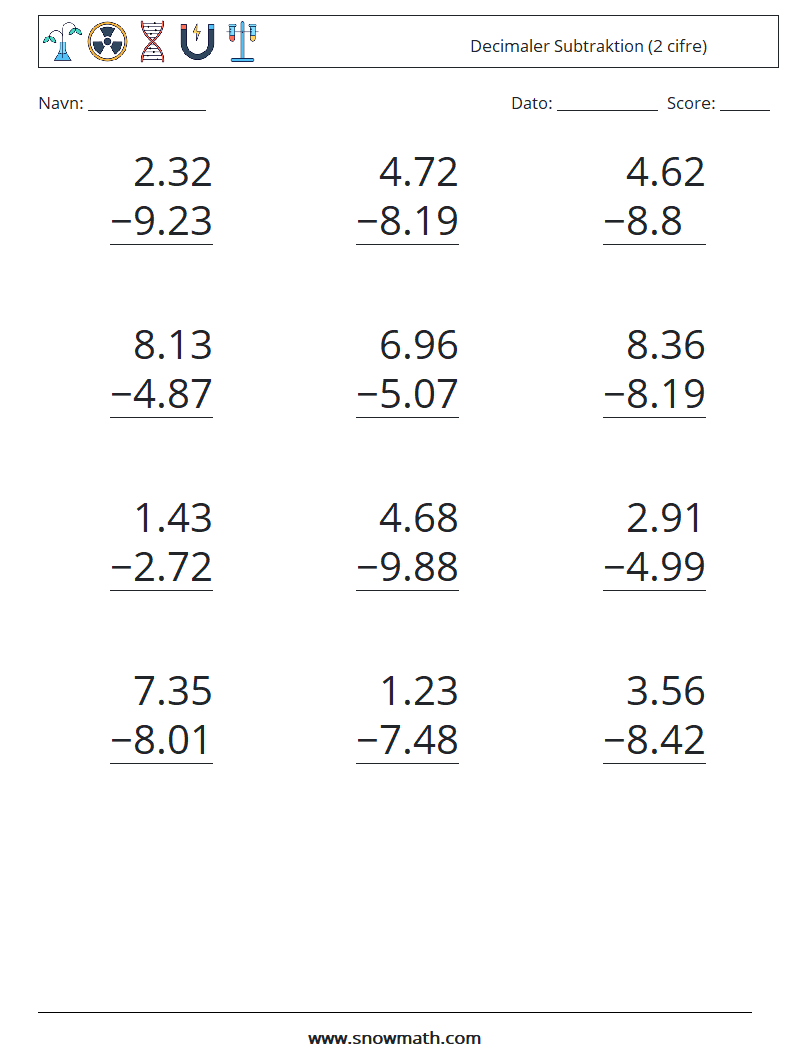 (12) Decimaler Subtraktion (2 cifre) Matematiske regneark 18