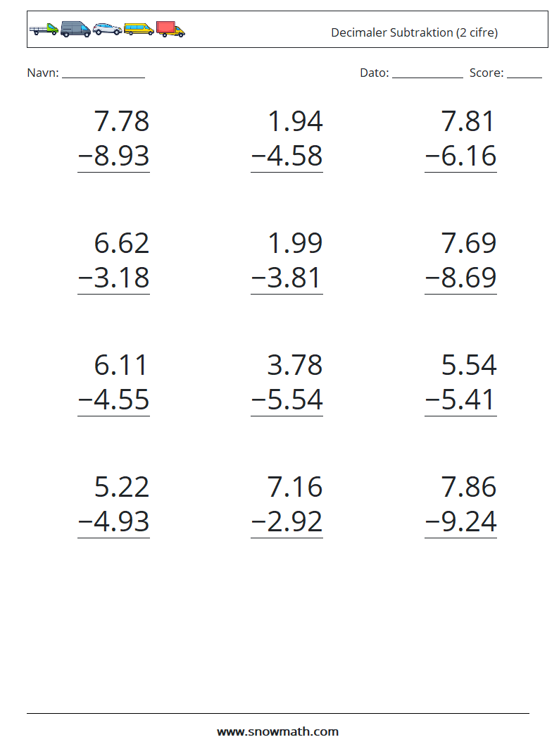 (12) Decimaler Subtraktion (2 cifre) Matematiske regneark 2