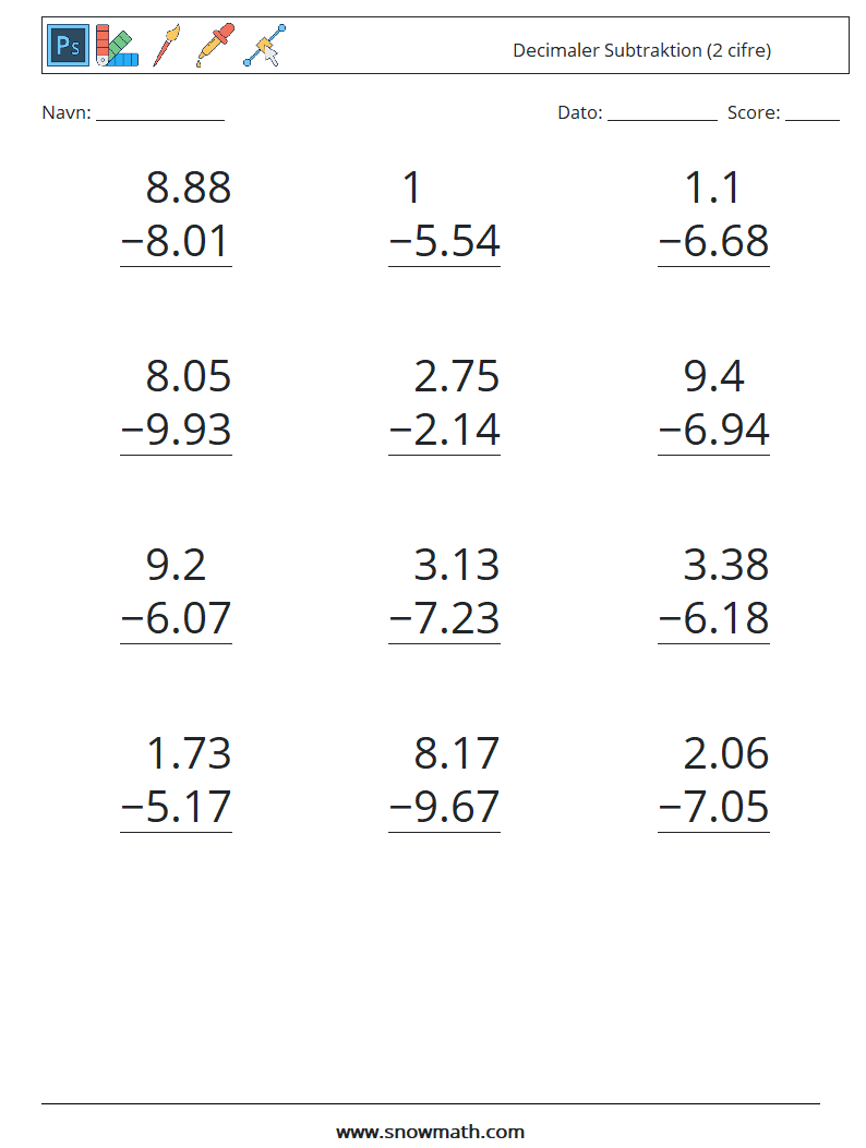 (12) Decimaler Subtraktion (2 cifre) Matematiske regneark 3