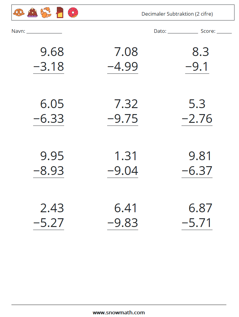 (12) Decimaler Subtraktion (2 cifre) Matematiske regneark 4