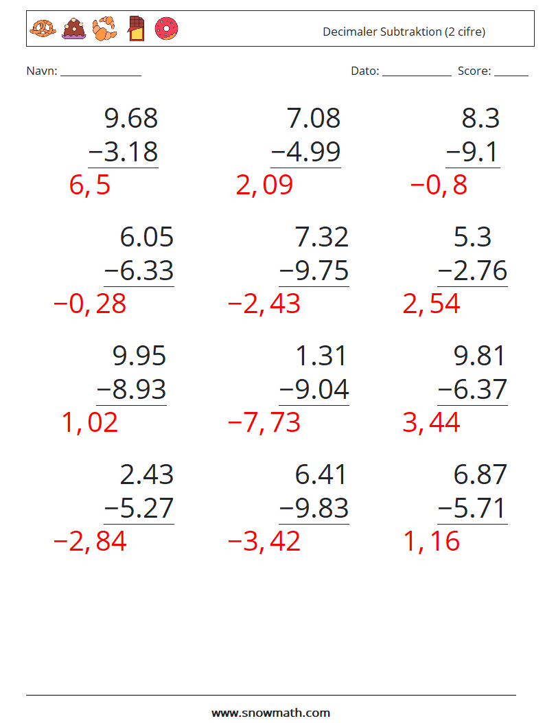 (12) Decimaler Subtraktion (2 cifre) Matematiske regneark 4 Spørgsmål, svar