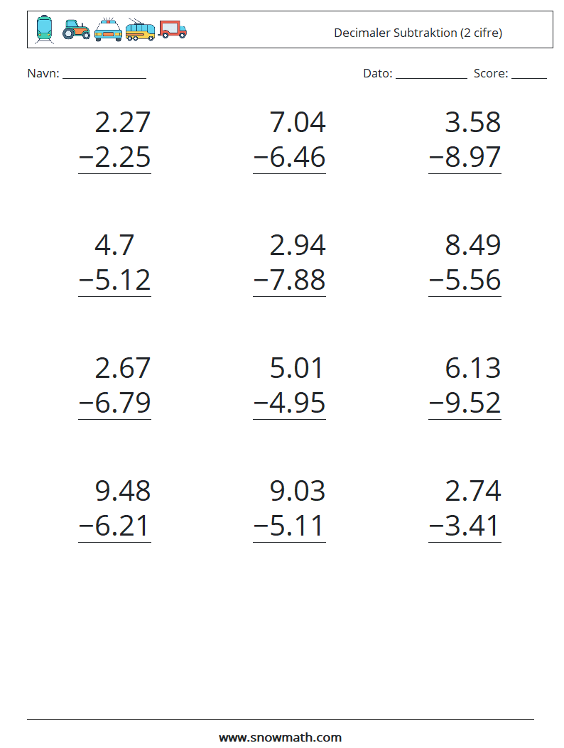 (12) Decimaler Subtraktion (2 cifre) Matematiske regneark 5