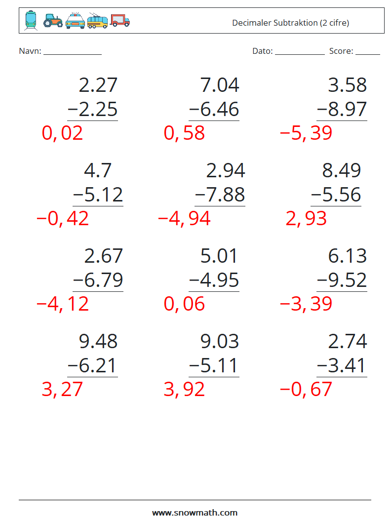 (12) Decimaler Subtraktion (2 cifre) Matematiske regneark 5 Spørgsmål, svar