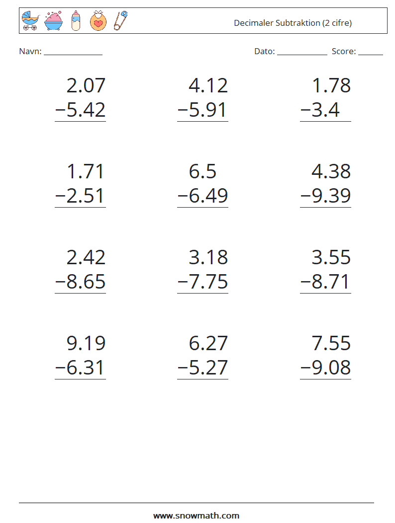 (12) Decimaler Subtraktion (2 cifre) Matematiske regneark 6