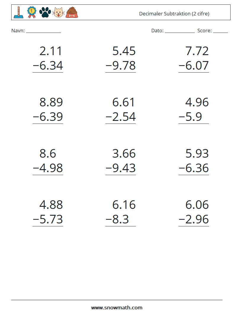 (12) Decimaler Subtraktion (2 cifre) Matematiske regneark 7