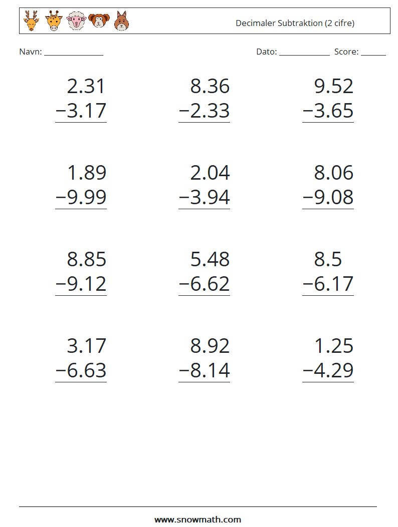 (12) Decimaler Subtraktion (2 cifre) Matematiske regneark 8