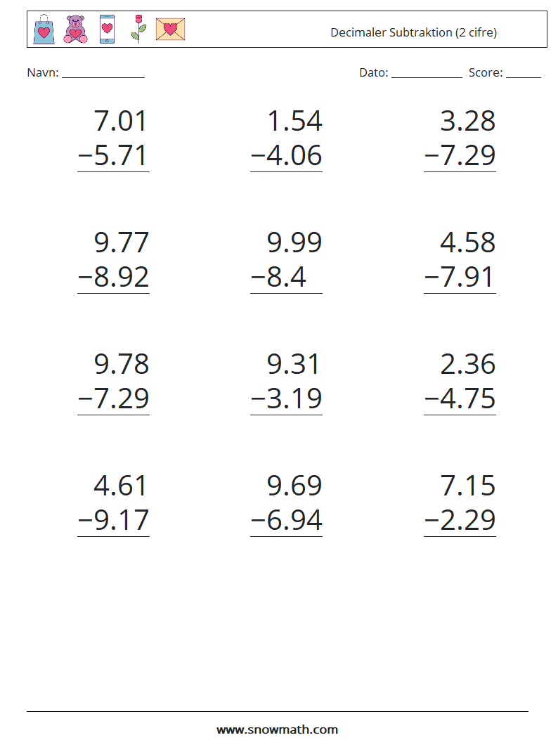 (12) Decimaler Subtraktion (2 cifre) Matematiske regneark 9