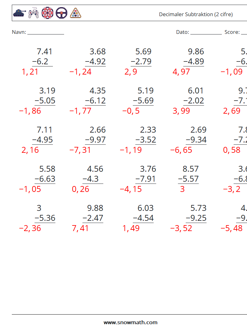 (25) Decimaler Subtraktion (2 cifre) Matematiske regneark 10 Spørgsmål, svar