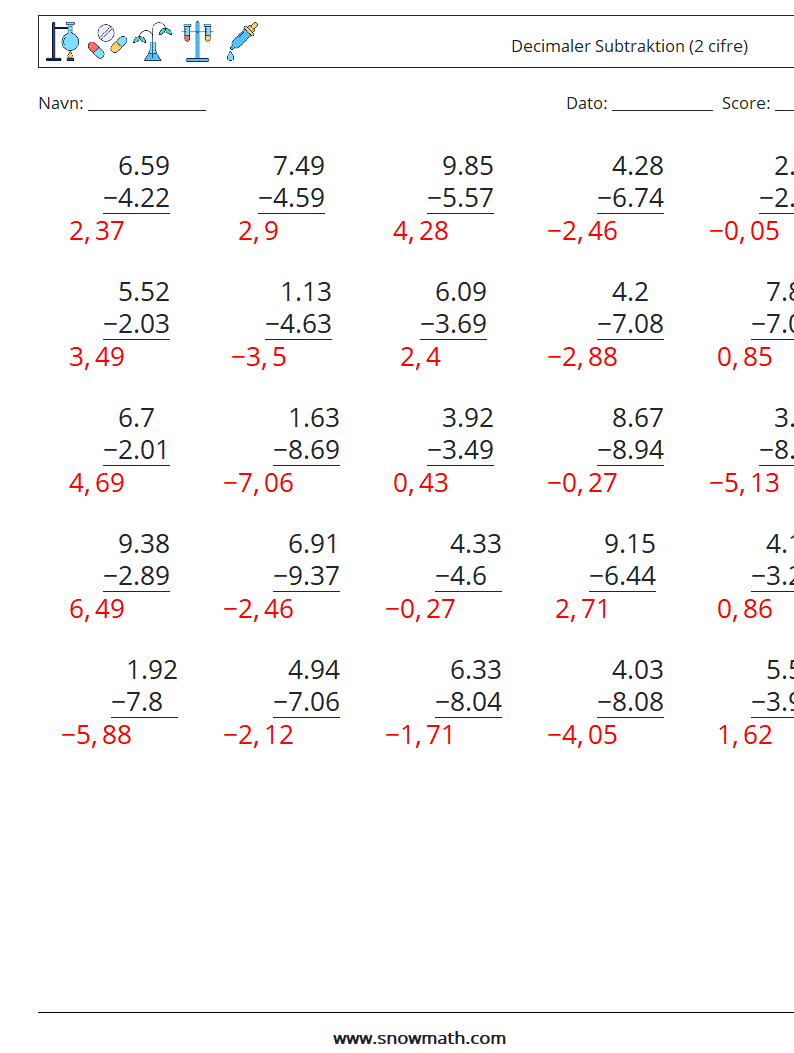(25) Decimaler Subtraktion (2 cifre) Matematiske regneark 11 Spørgsmål, svar