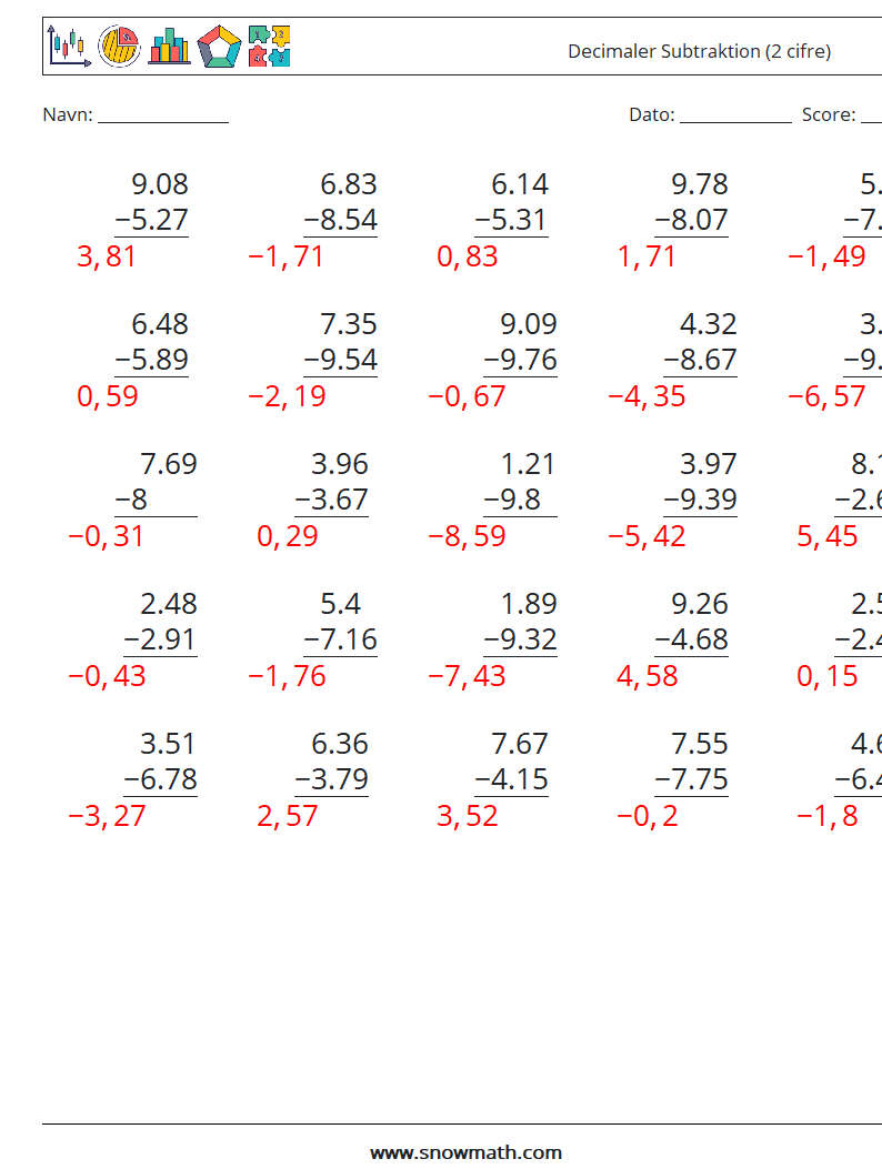 (25) Decimaler Subtraktion (2 cifre) Matematiske regneark 13 Spørgsmål, svar