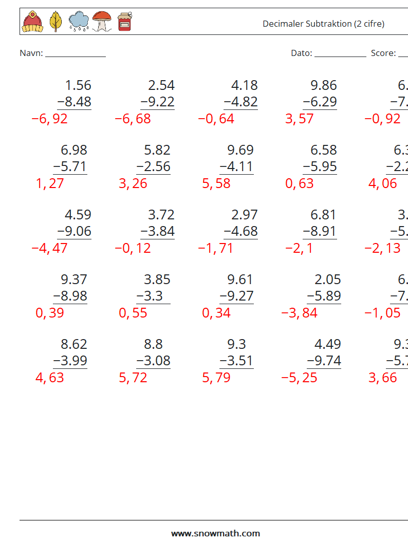 (25) Decimaler Subtraktion (2 cifre) Matematiske regneark 14 Spørgsmål, svar