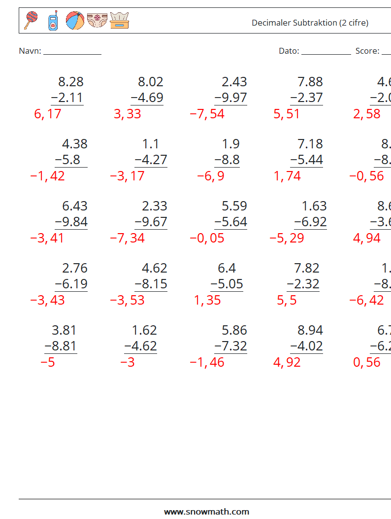(25) Decimaler Subtraktion (2 cifre) Matematiske regneark 15 Spørgsmål, svar