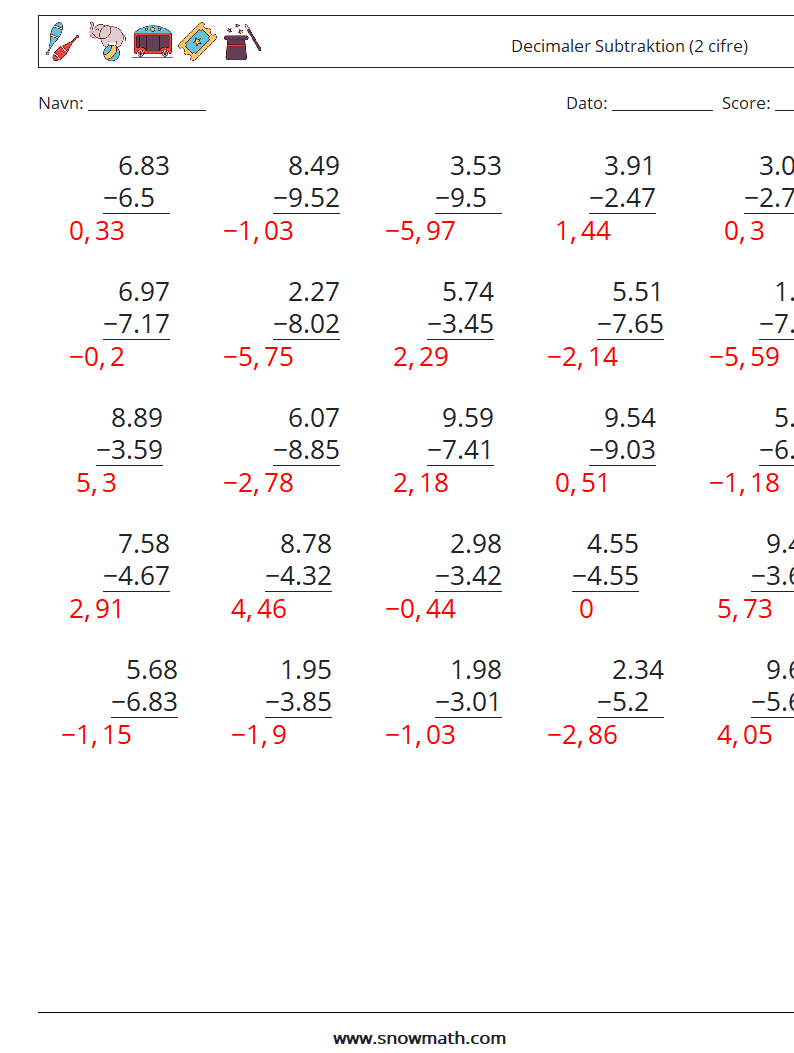 (25) Decimaler Subtraktion (2 cifre) Matematiske regneark 16 Spørgsmål, svar