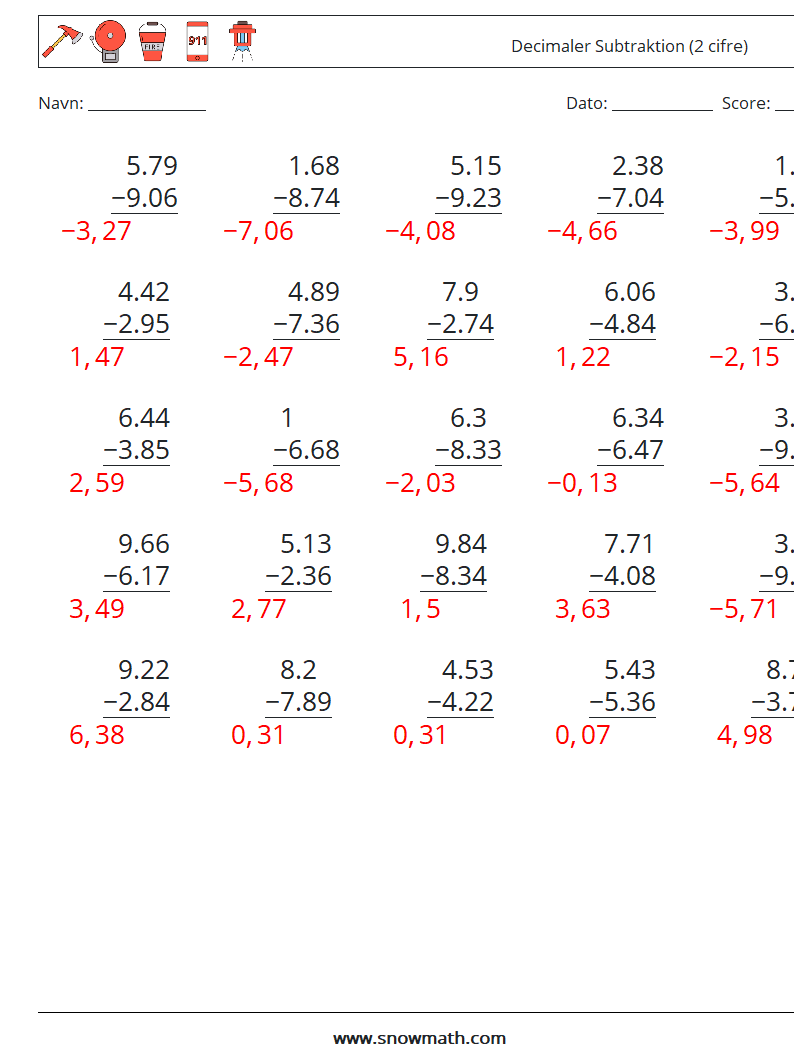 (25) Decimaler Subtraktion (2 cifre) Matematiske regneark 17 Spørgsmål, svar