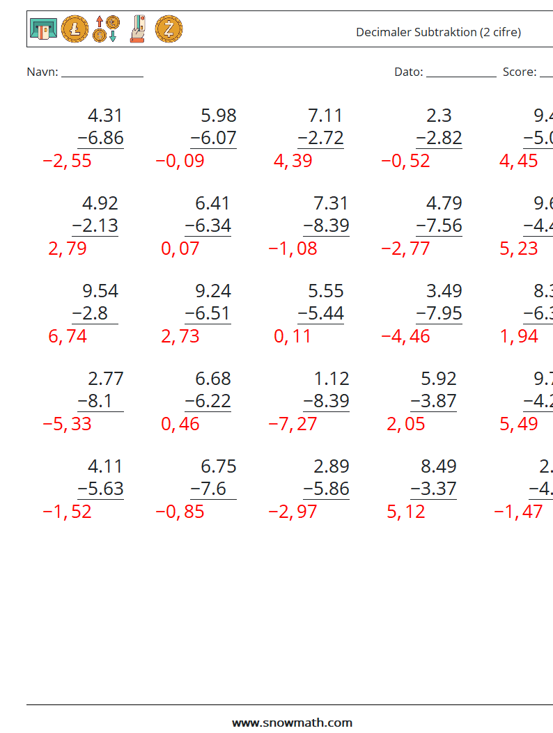 (25) Decimaler Subtraktion (2 cifre) Matematiske regneark 18 Spørgsmål, svar