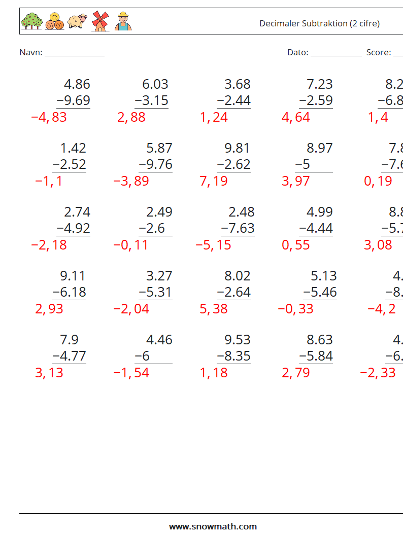 (25) Decimaler Subtraktion (2 cifre) Matematiske regneark 3 Spørgsmål, svar