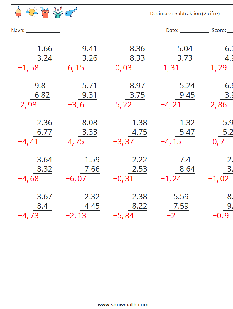 (25) Decimaler Subtraktion (2 cifre) Matematiske regneark 5 Spørgsmål, svar