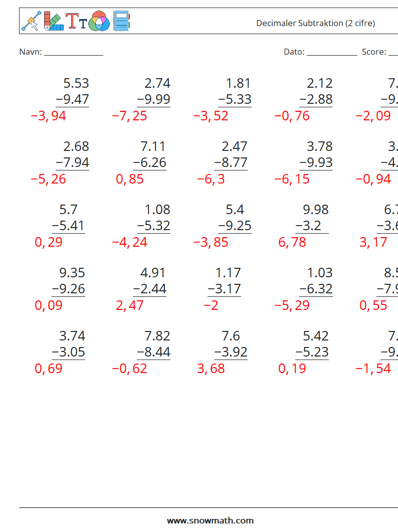 (25) Decimaler Subtraktion (2 cifre) Matematiske regneark 7 Spørgsmål, svar