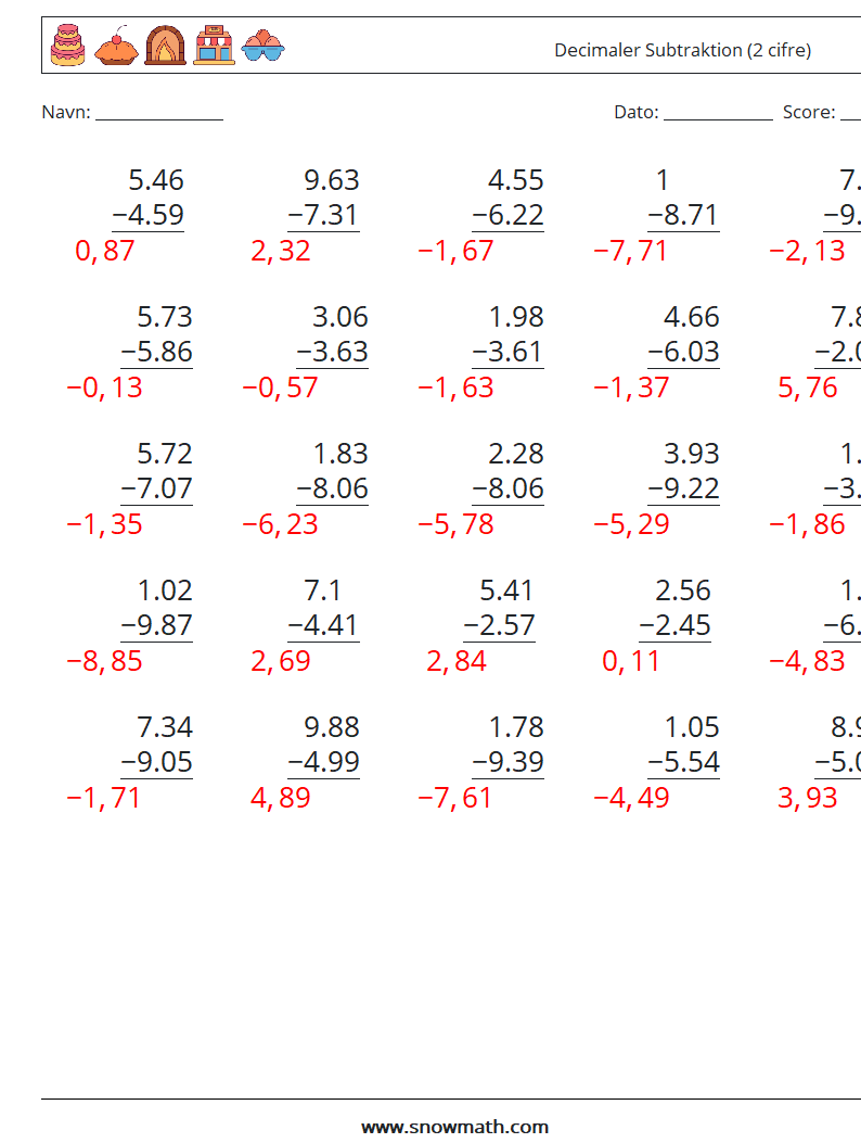 (25) Decimaler Subtraktion (2 cifre) Matematiske regneark 9 Spørgsmål, svar