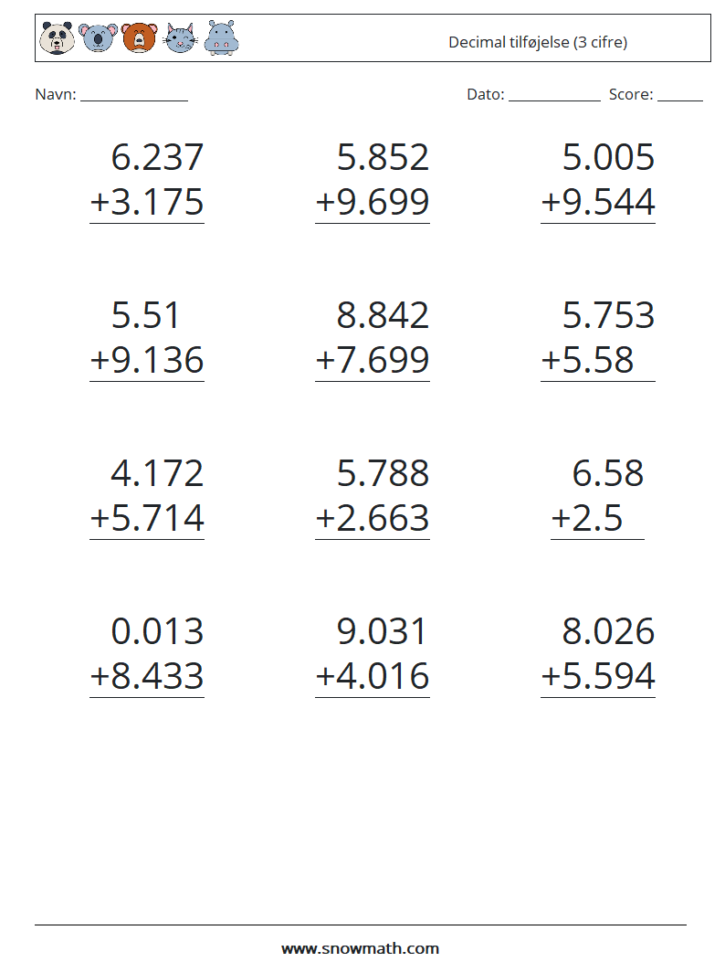 (12) Decimal tilføjelse (3 cifre)