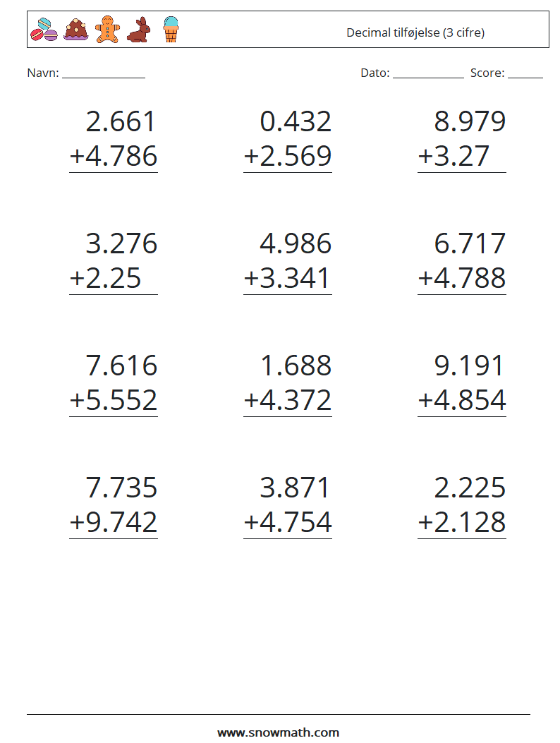 (12) Decimal tilføjelse (3 cifre) Matematiske regneark 10