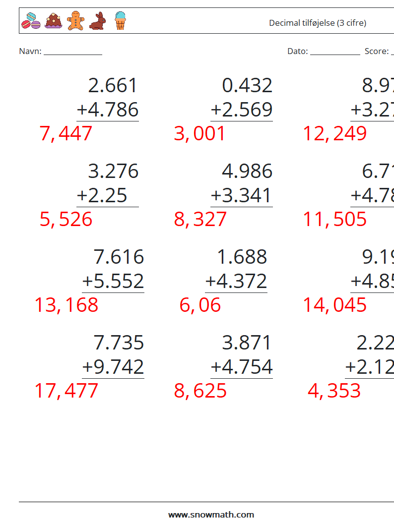 (12) Decimal tilføjelse (3 cifre) Matematiske regneark 10 Spørgsmål, svar