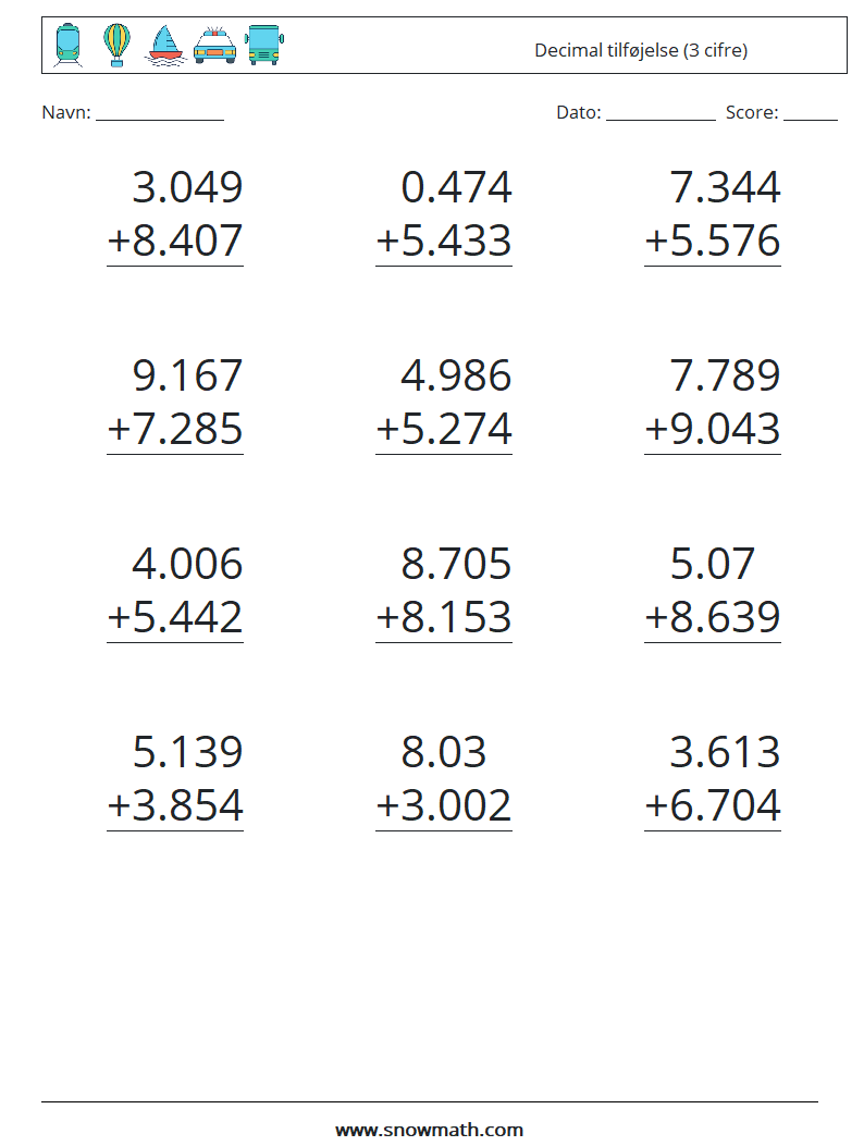 (12) Decimal tilføjelse (3 cifre) Matematiske regneark 11