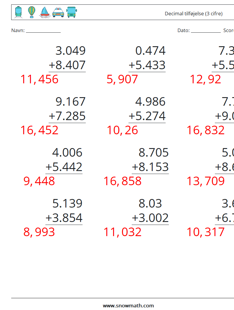 (12) Decimal tilføjelse (3 cifre) Matematiske regneark 11 Spørgsmål, svar